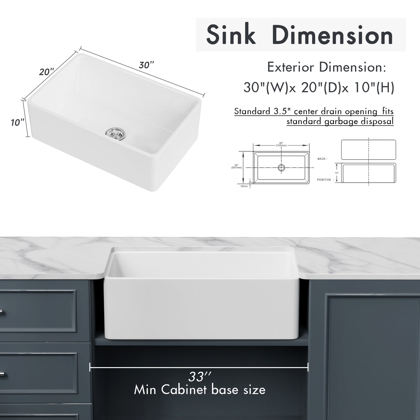 30“ x 20” x 10" White Ceramic Farmhouse Kitchen Sink ｜ALWEN