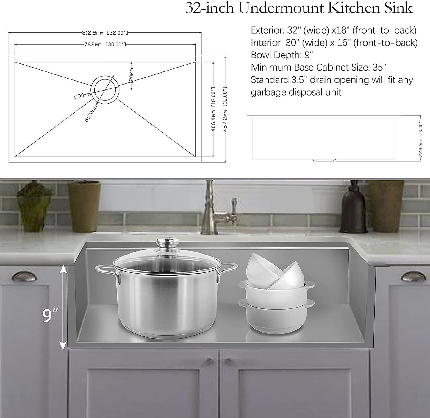 32"x18"  inch Undermount Workstation Ledge Kitchen Sink Single Bowl Stainless Steel 18 Gauge Tight Radius Sink